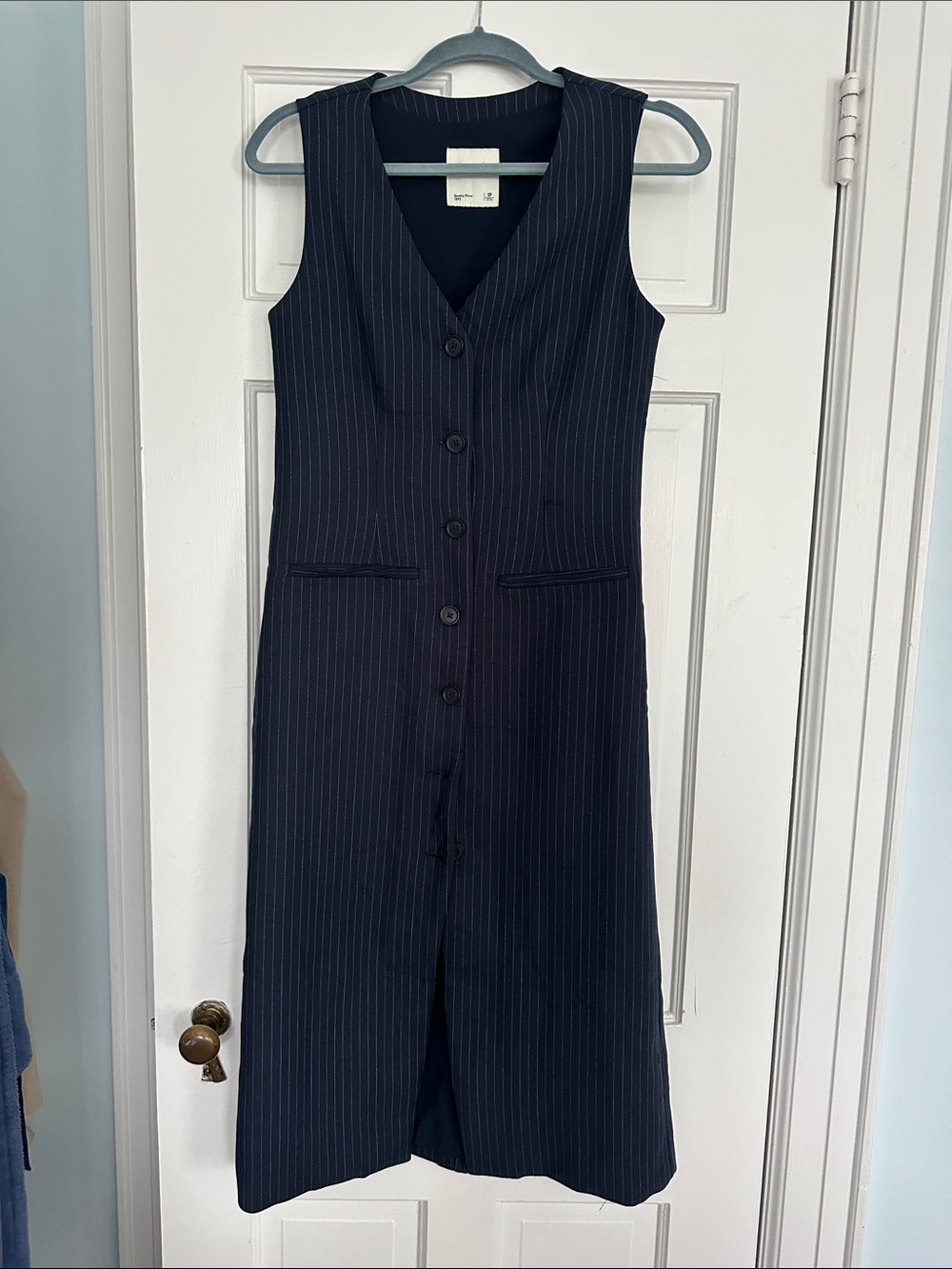 Abercrombie & Fitch Sleeveless Navy Pinstripe Button-Front Midi Dress